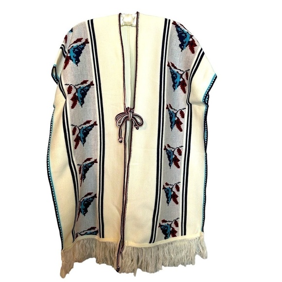 Retro 60’s 70’s Rare Bluebird Boho Rug Western Poncho w/ Fringe Hem & Tie Front - Picture 1 of 16